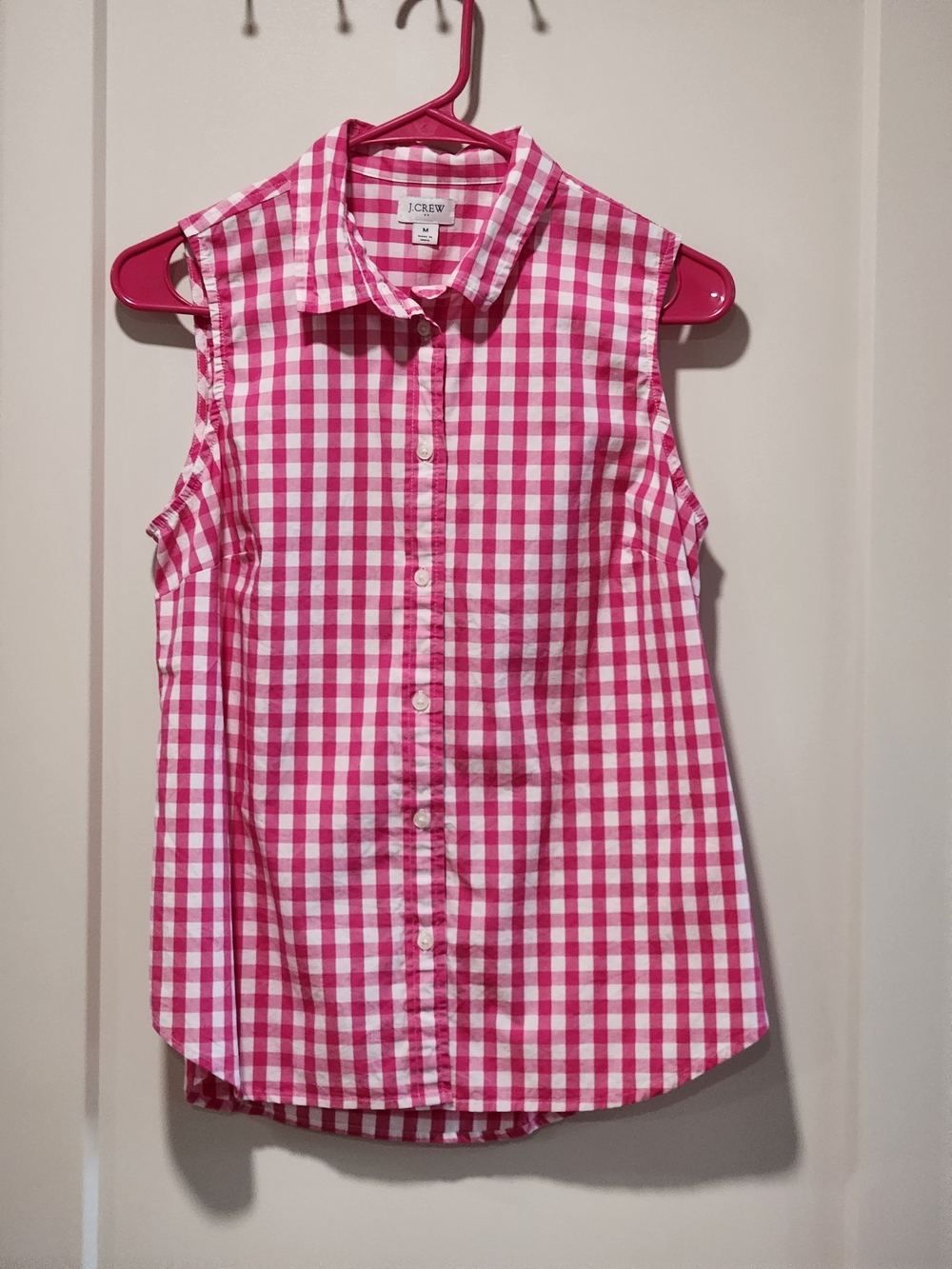J. Crew Pink and White Gingham Sleeveless Button-Down Shirt Coastal Preppy